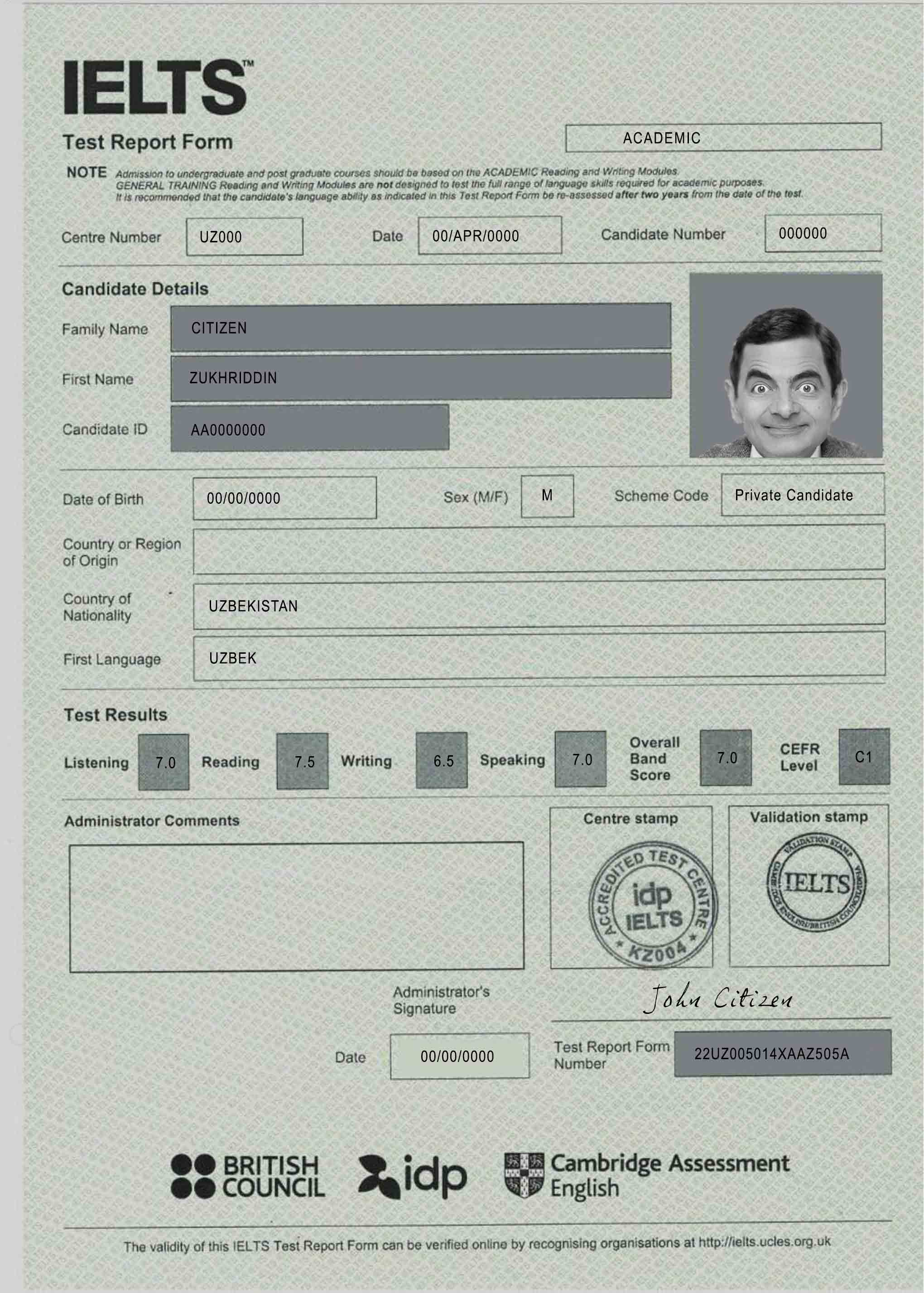 IELTS test report form certificate